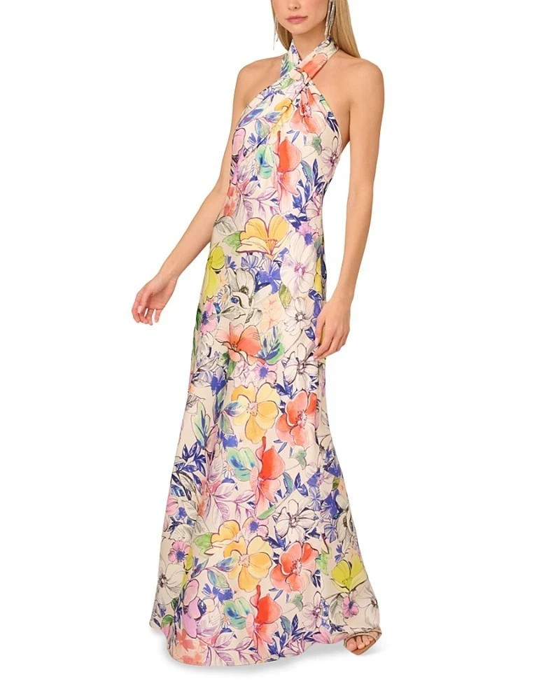 Adrianna Papell Ivory Multi Bias Cut Floral Satin Halter Gown Size 10 $245