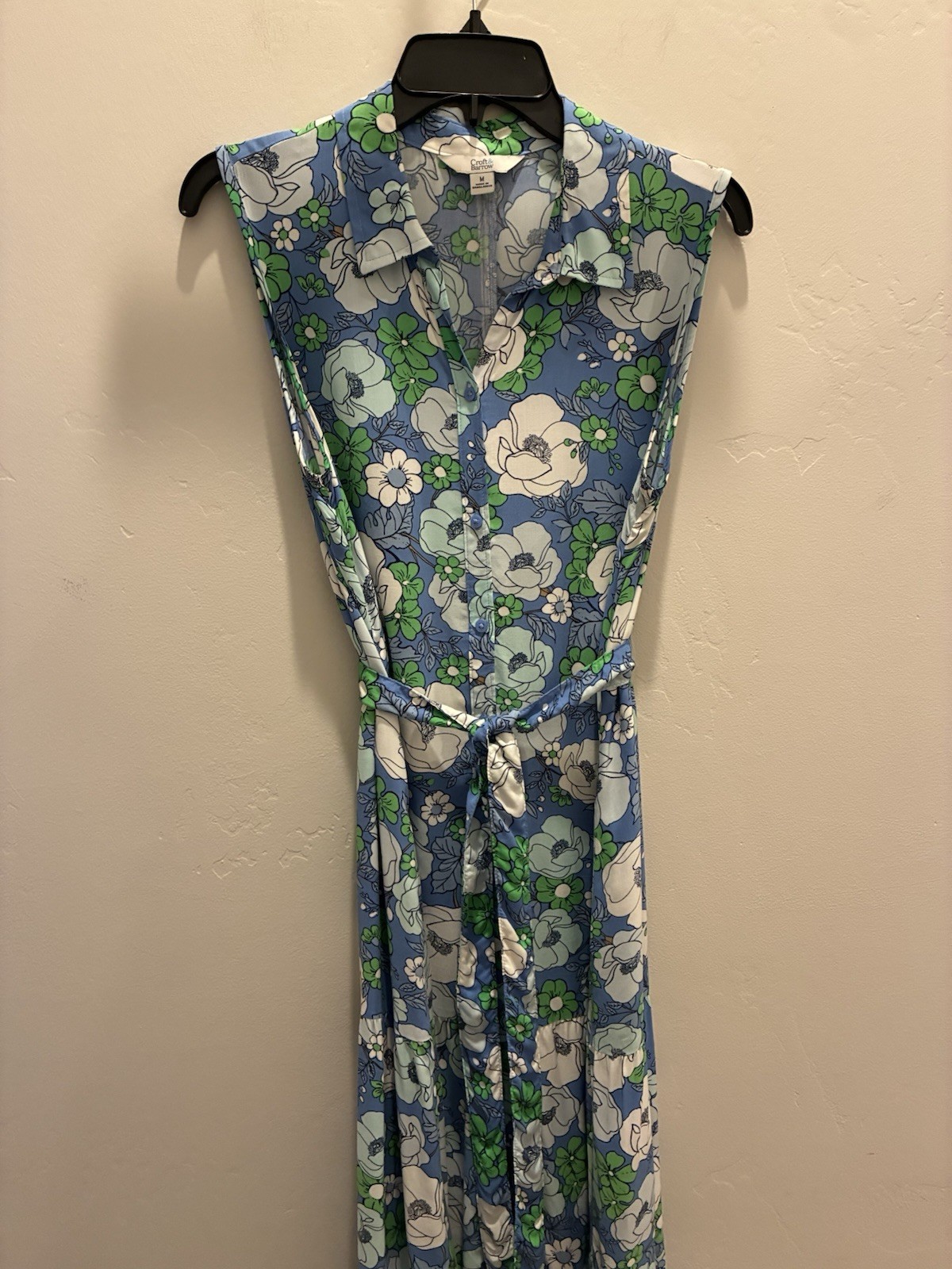 Croft & Barrow Blue/Green/White Floral Shirt Maxi Dress M Sleeveless Tie Belt