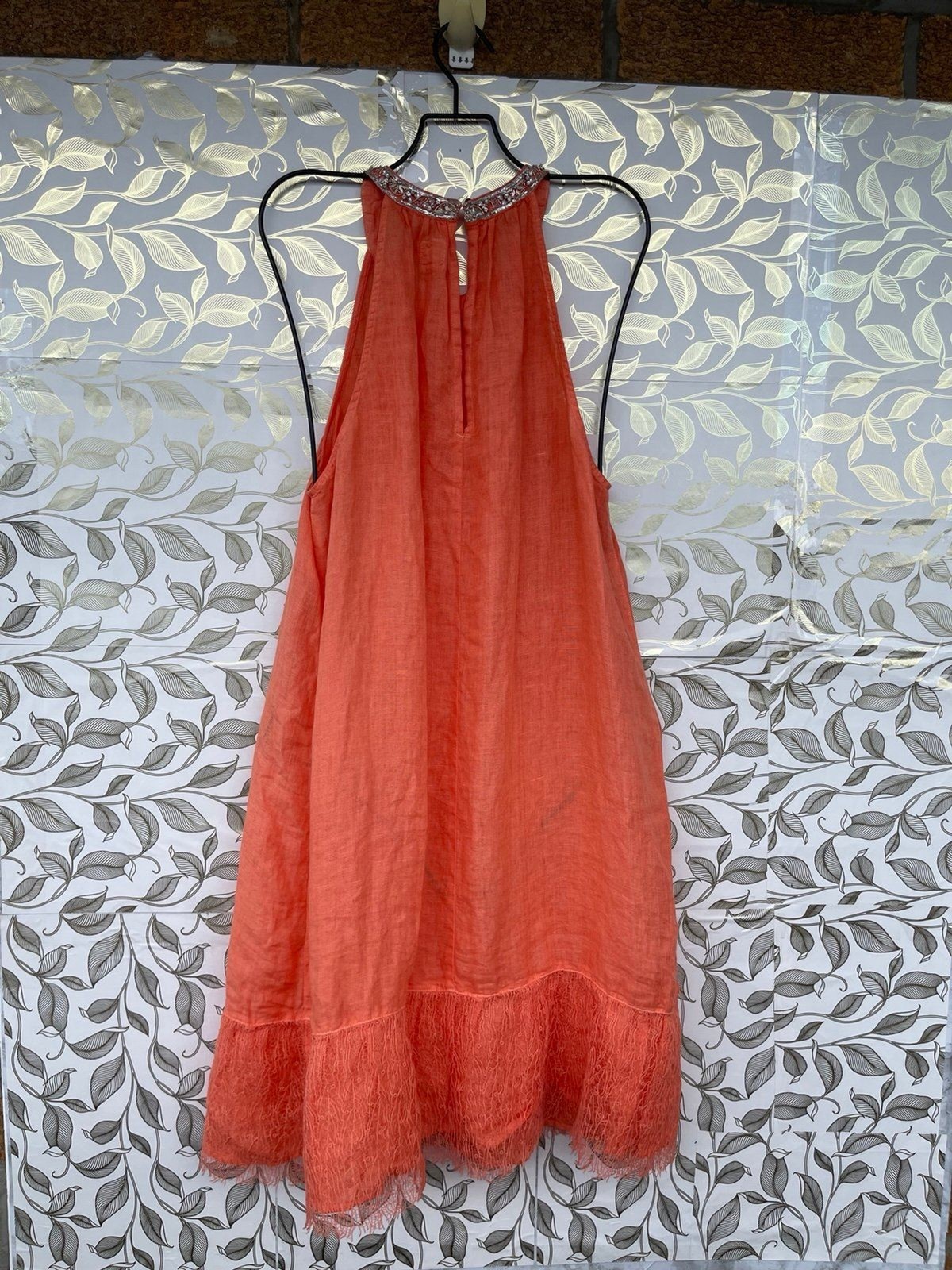 120% Lino Orange Halter Linen Shift Dress Embellished Neck Fringe IT 48 /12