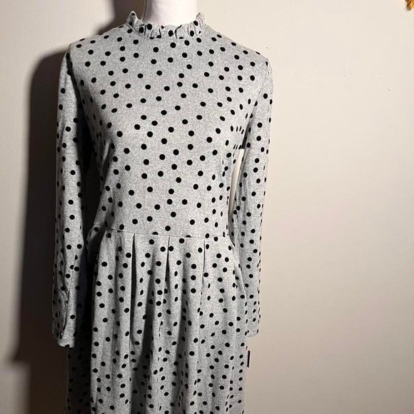 Grey & Black Polka Dot Retro Dress | High Neck Long Sleeve Classic Style