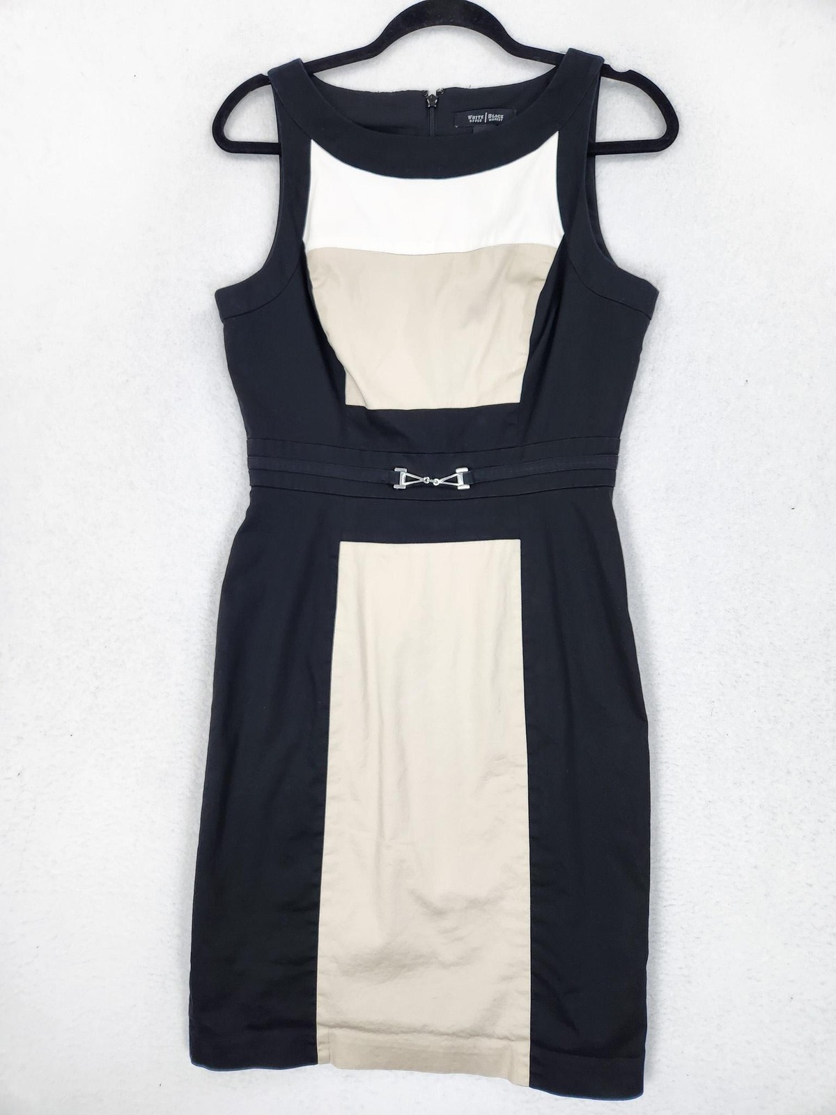 WHBM Dress Womens 8 Black Tan Colorblock Knee Length Sleeveless Sheath Office