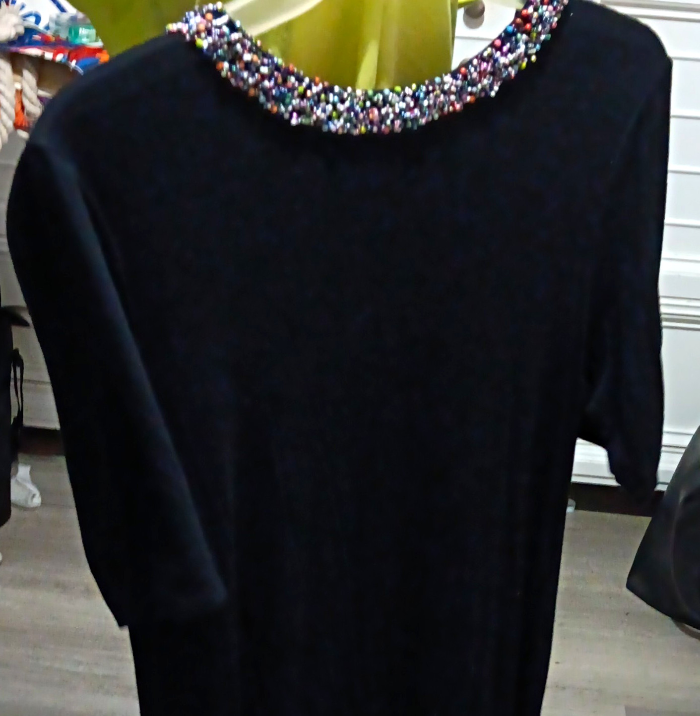 Investments Petites PL Black Knit Long Overall Dress V-Neck Beaded Neckline