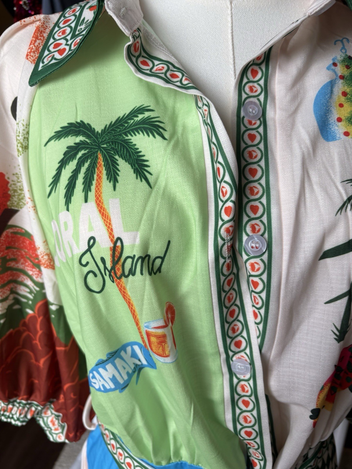 Tropical Patchwork Mini Dress XL Resort Print Designer Inspired Puff Sleeve