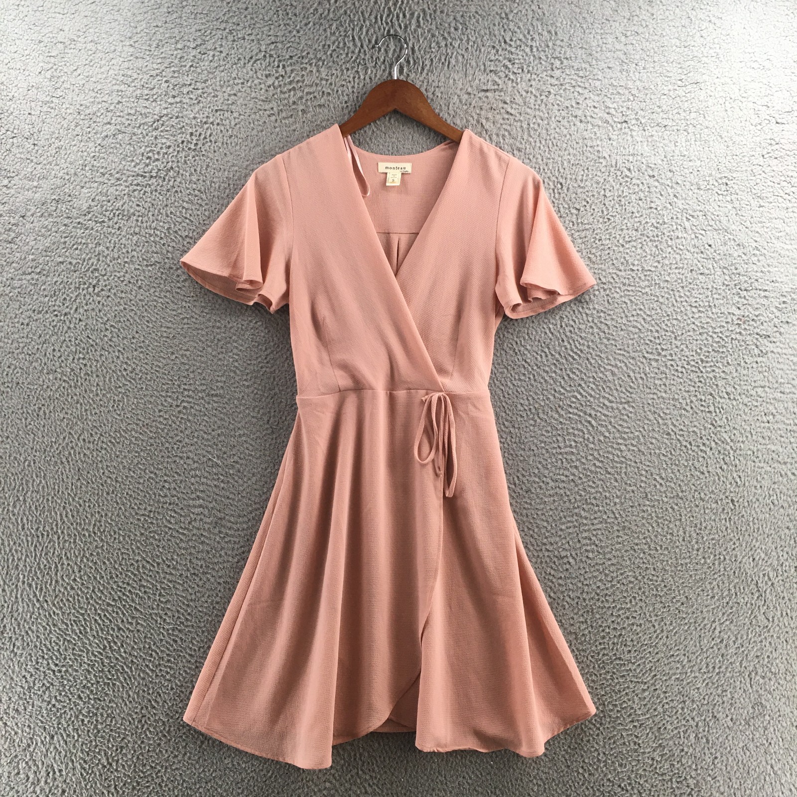 Monteau Fit & Flare Wrap Dress Womens Small Pink Short Sleeve Tie Waist Casual