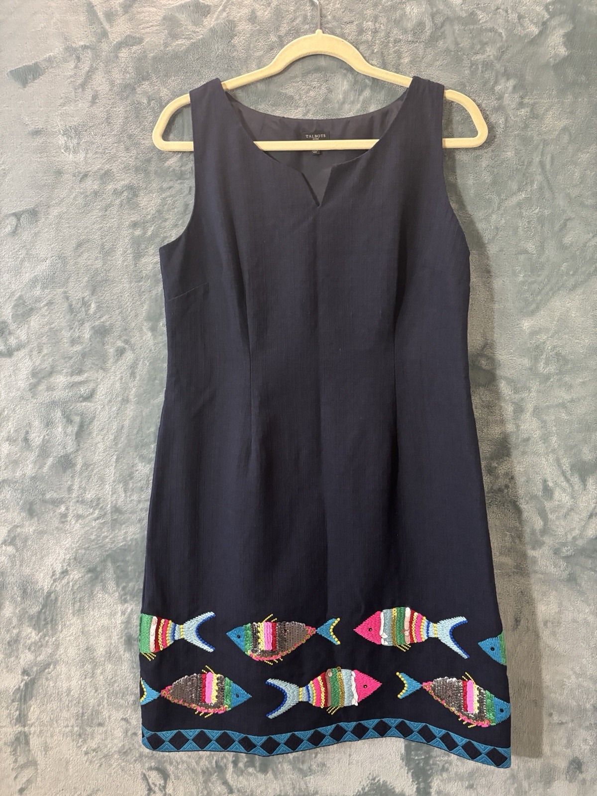 Talbots Sleeveless Shift Sheath Dress Sequence Embroidered Fish Women 10P Blue