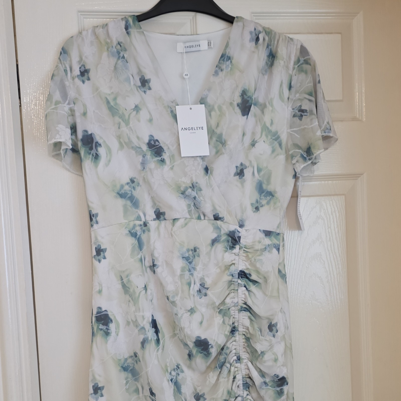 Angeleye White Blue Green Floral V-Neck Ruched Lined Mesh Midi Dress 12