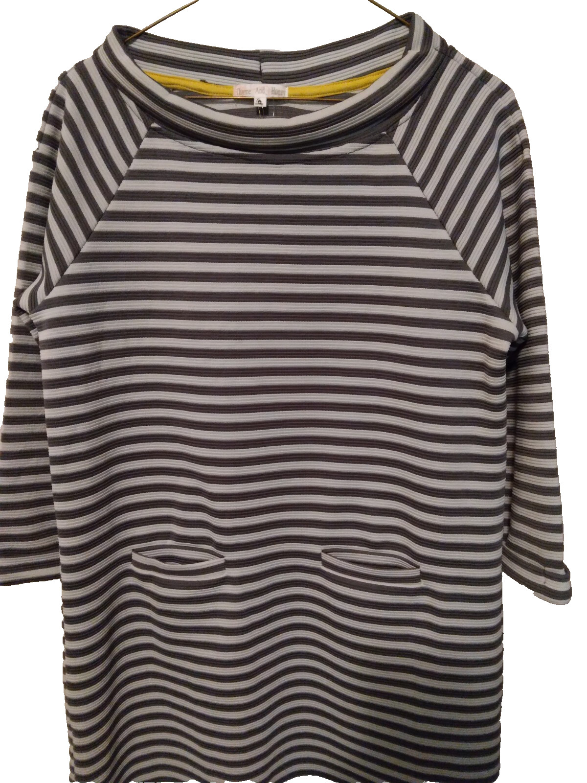 NWT Thyme & Honey Ribbed Stripe Pockets Shift Dress Sz s/m Retro Y2K White Gray