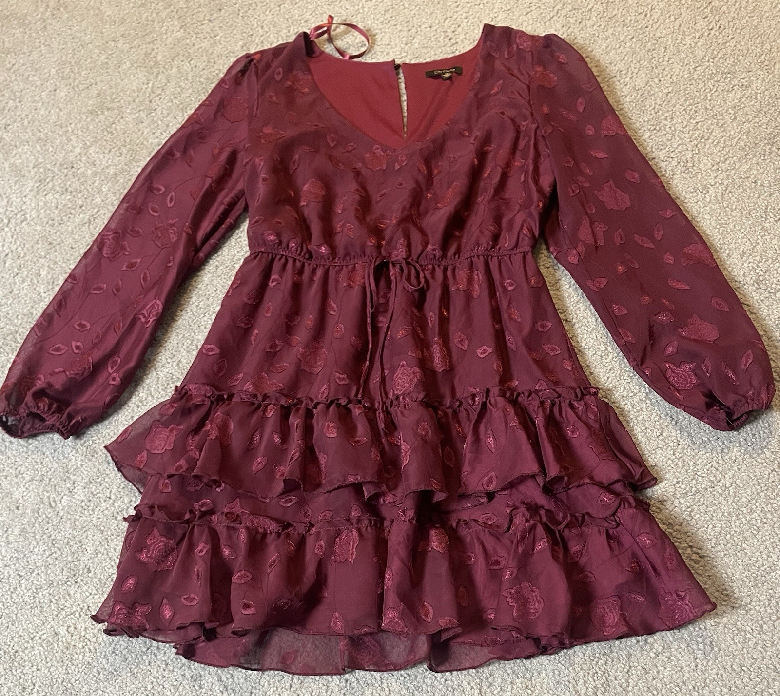 90s City Studio Layered Mini Dress Sz M Purple Floral Long Sleeve Ruffles Modern