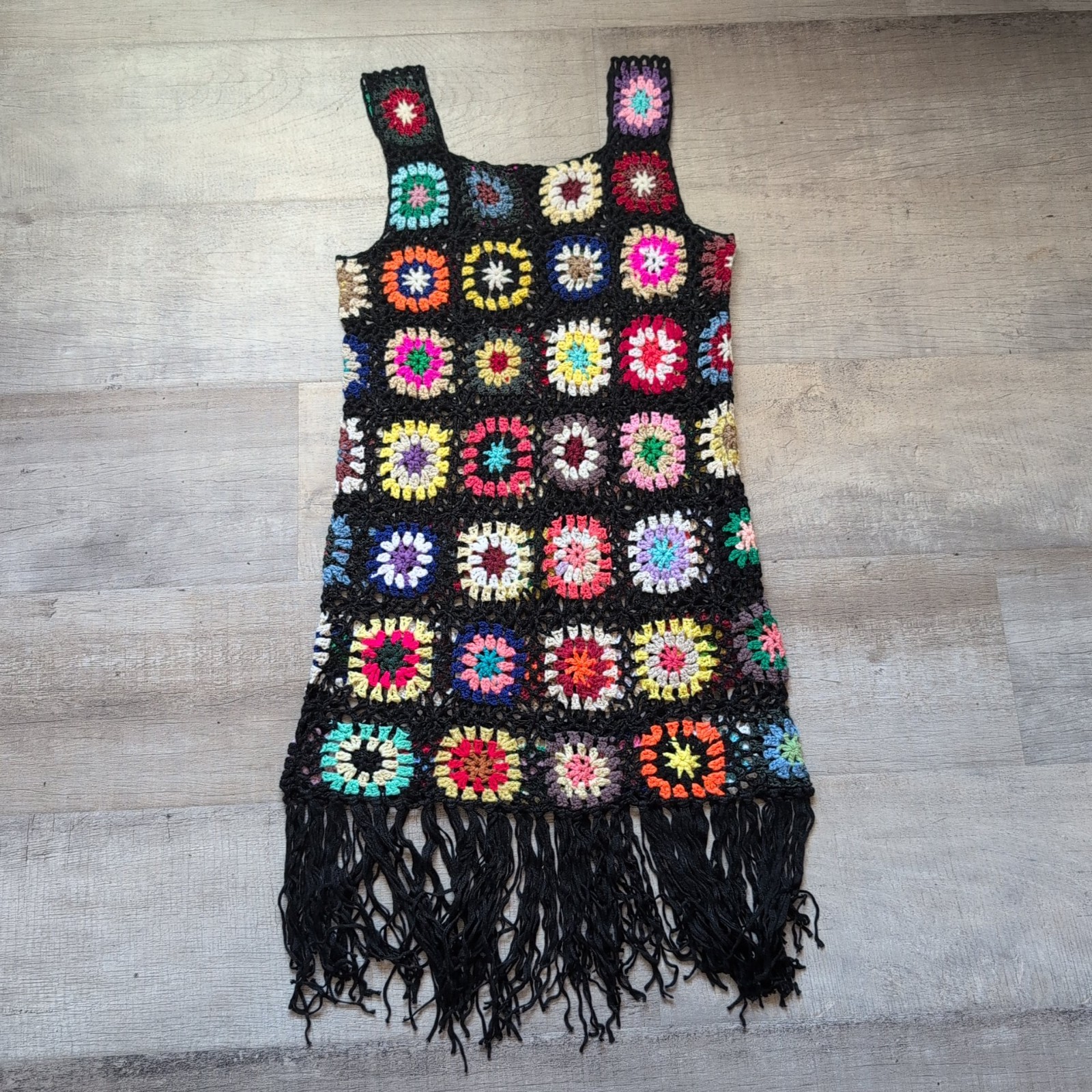 New Knitted Crochet Granny Square Sleeveless Sweater Mini Dress Black