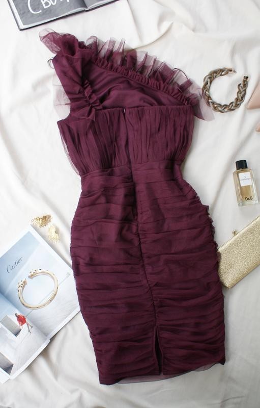 Lipsy Burgundy Mesh Ruched Bodycon Midi Cocktail Dress UK 14 US 10