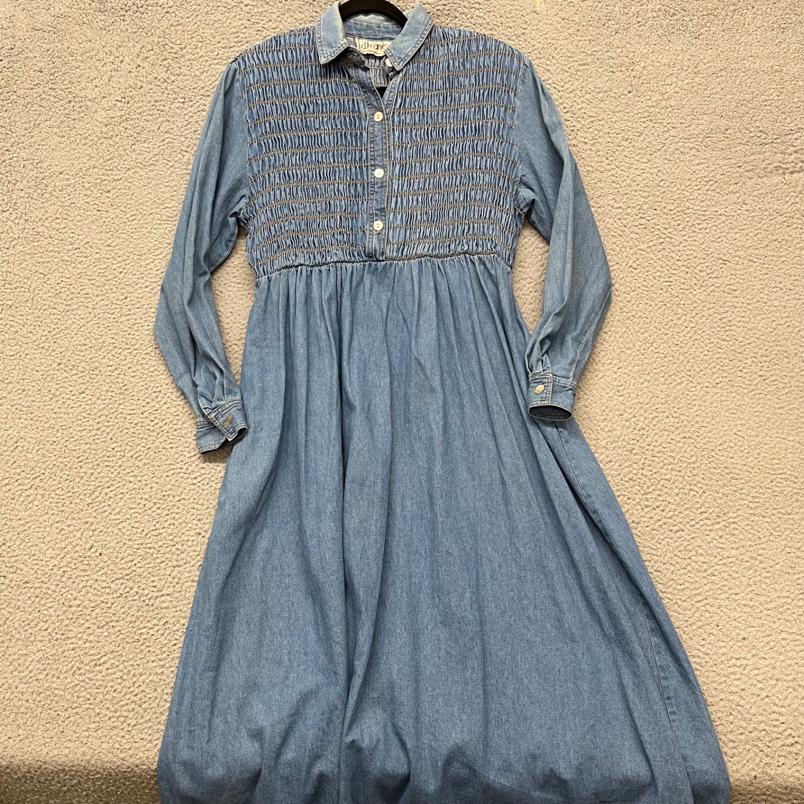 Vtg Denim Dress Womens L Blue Smocked Long Sleeve Maxi Western 90’s Y2K Mom