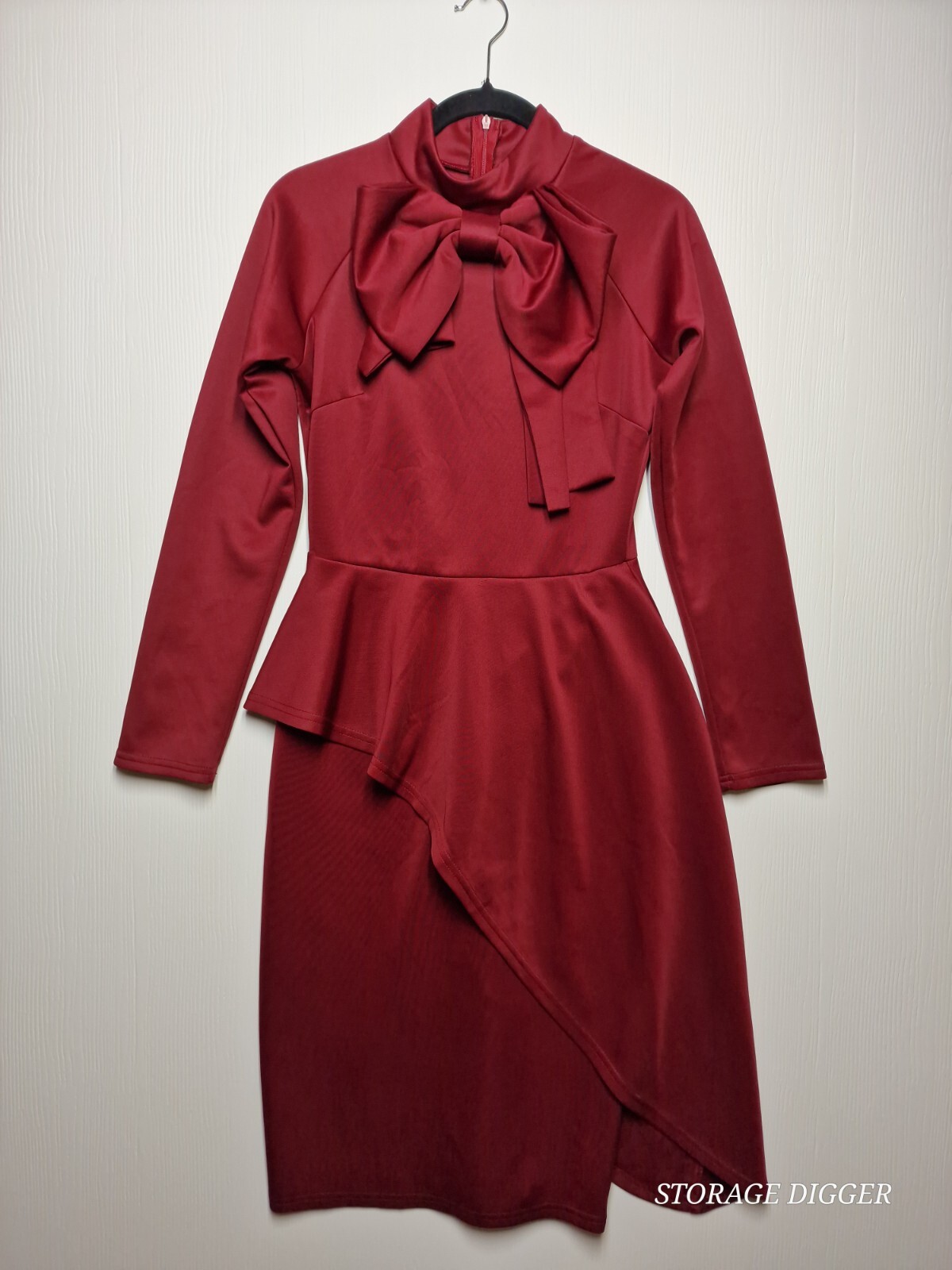 Fit & Flare Dress Women’s Medium Burgundy Tie Neck Asymmetric Hem Back Zip
