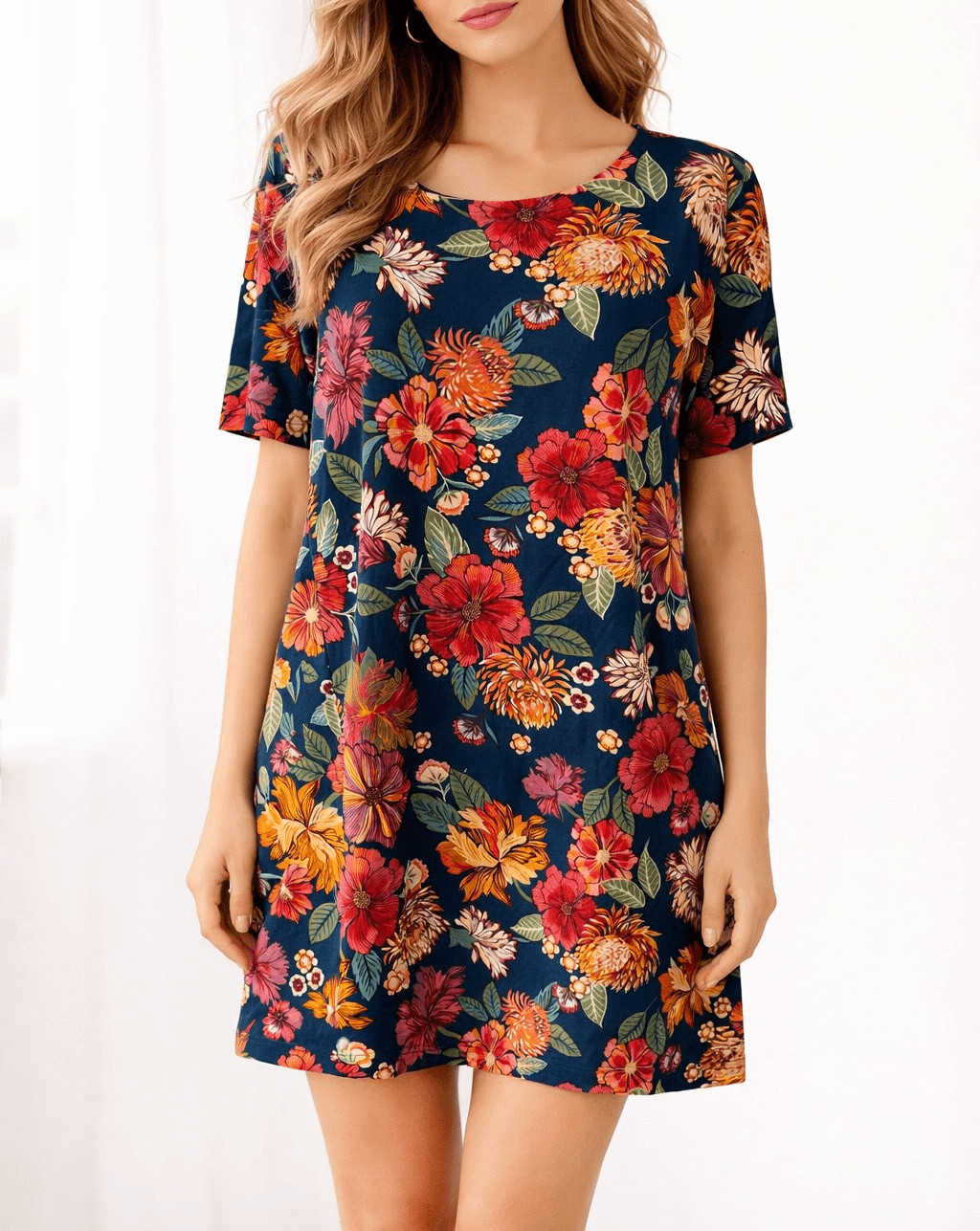 Loft T shirt Dress Mini Floral Pullover Short Sleeve Navy Red Multicolor NEW 16