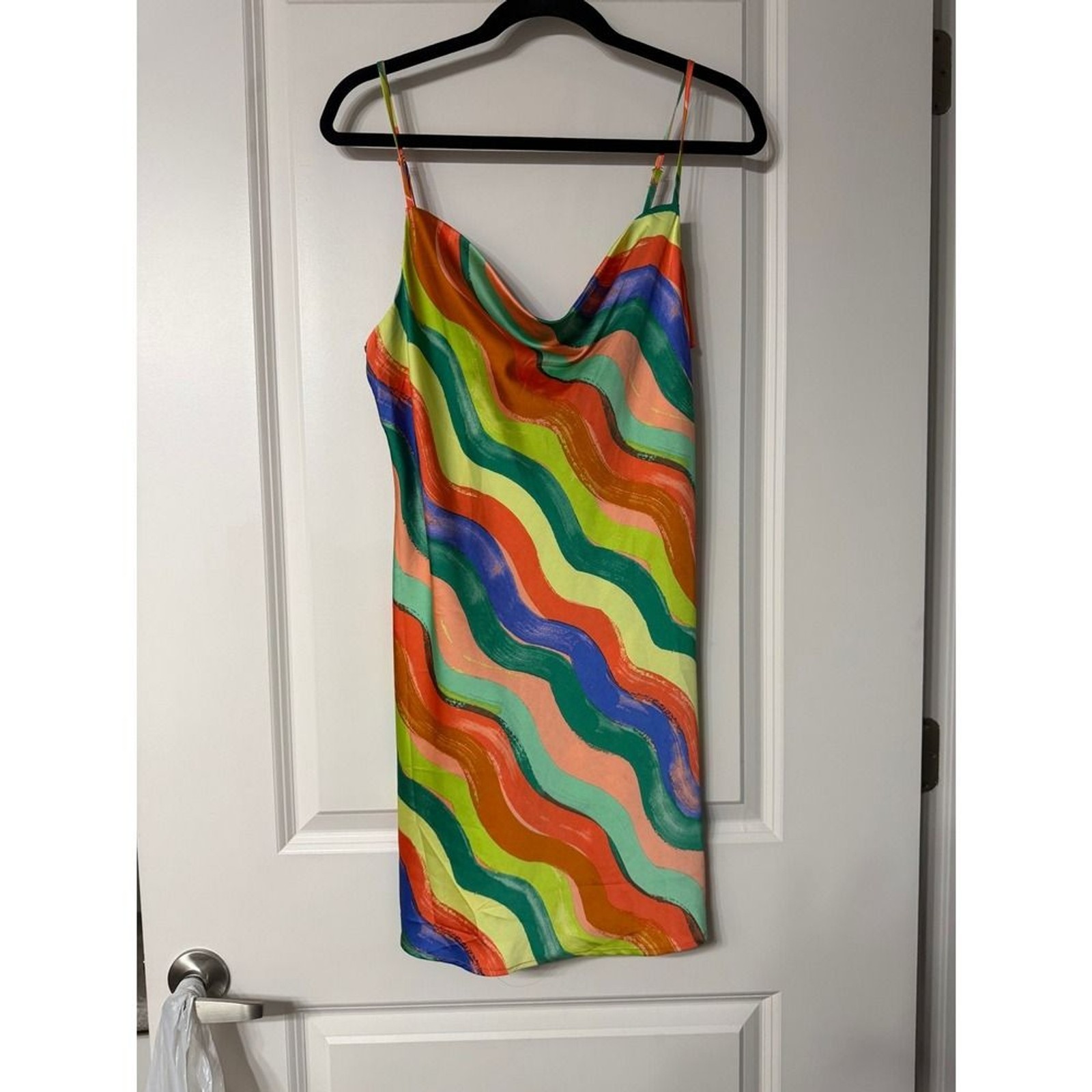 Forever 21 Womens Satin Cowl Neck Slip Dress Wavy Abstract Print Multi Color L