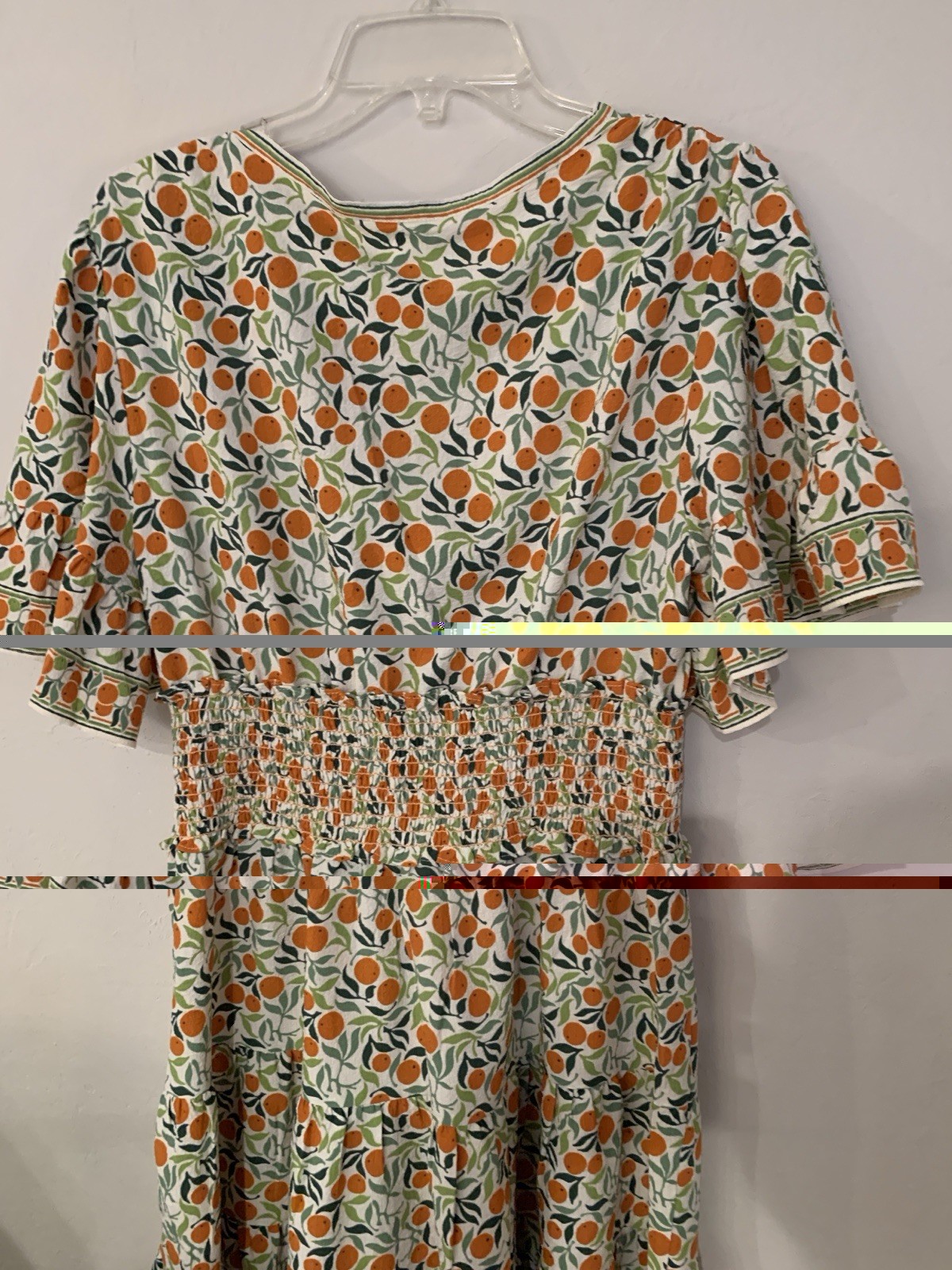 Max Studio London White Orange Green Floral Smocked V-Neck Mini Dress L NWT