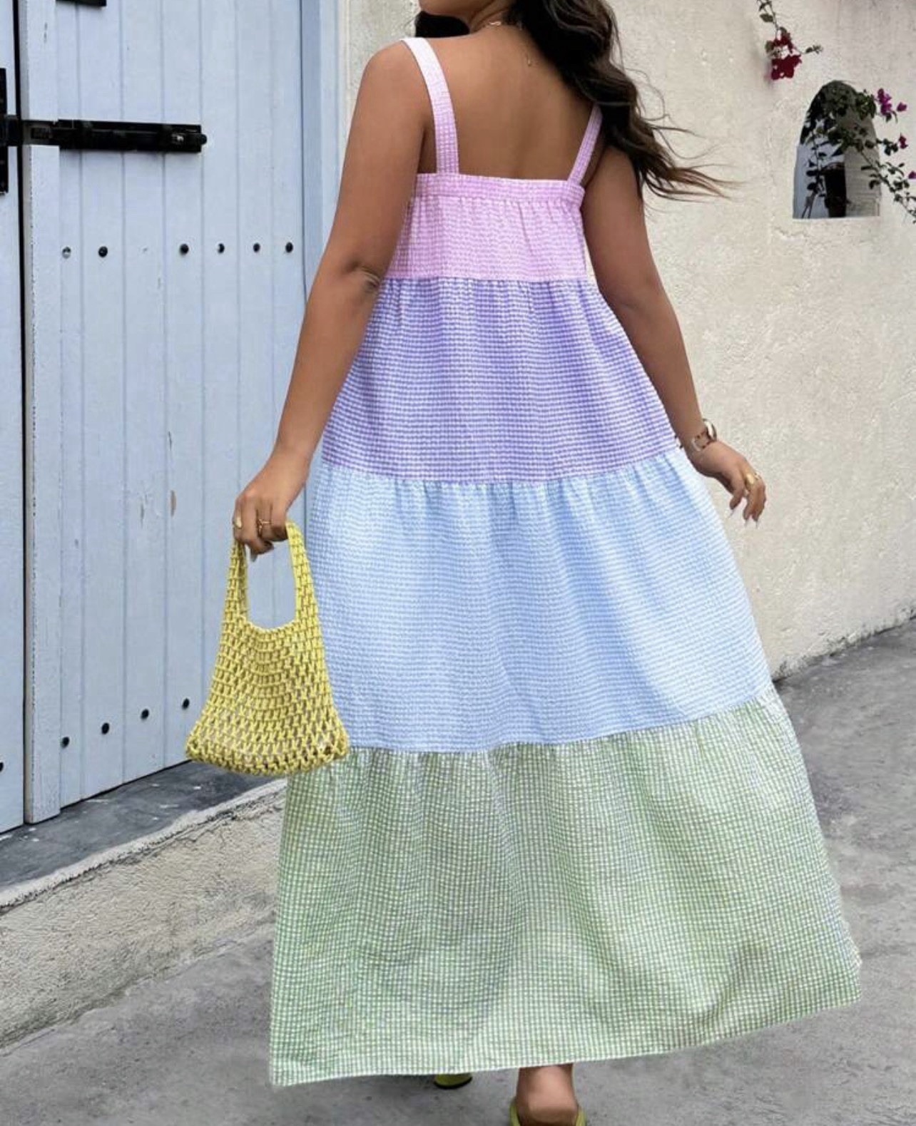 Women Striped Patchwork Ruffled Hem Casual Slip Dress Sleeveless Summer Beach XL