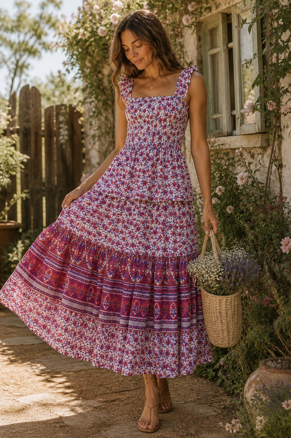 ABLE The Label Anthropology Maxi Dress S Pink Floral Tiered Boho Cottagecore