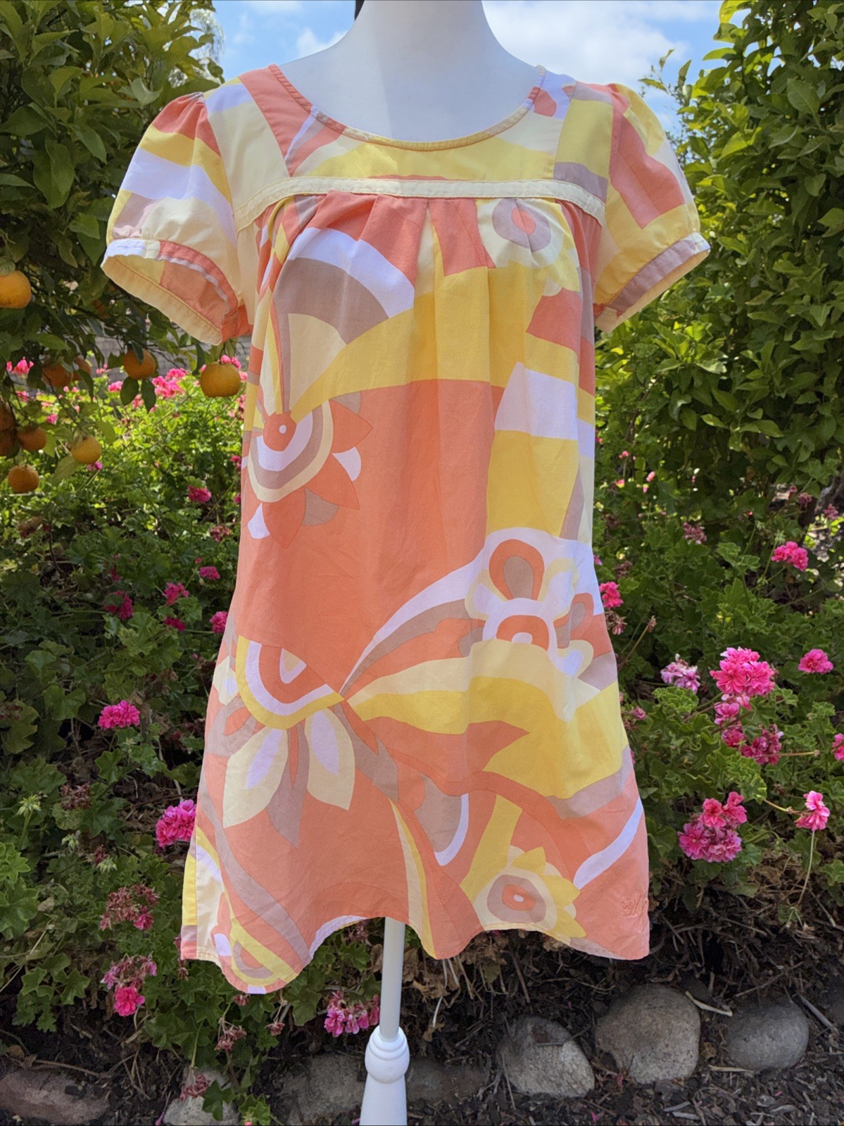 Vintage Y2K Roxy Size 9 Retro 60s Babydoll Mini Dress Orange Yellow *Stain