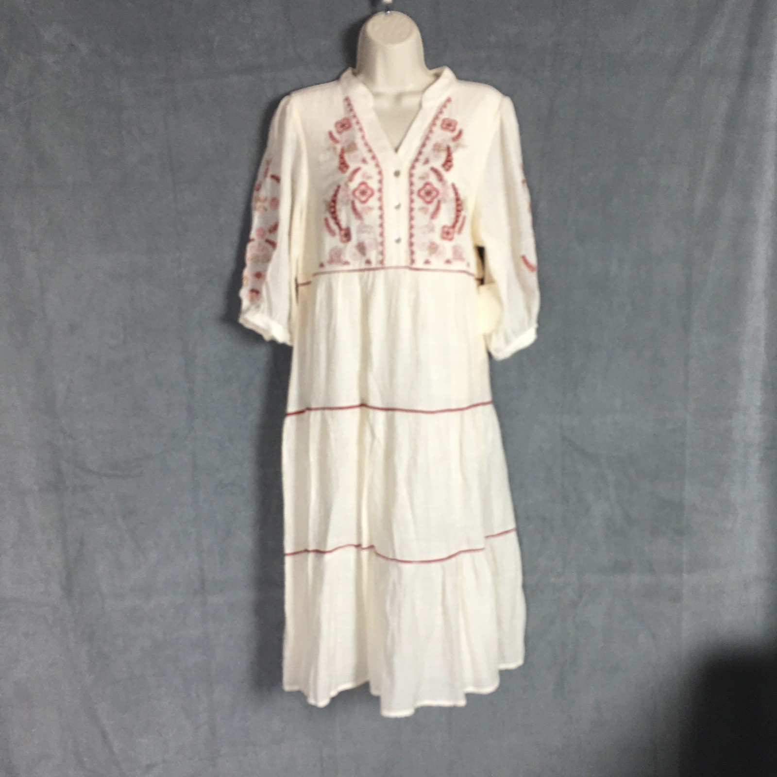 Fig + Flower Midi Dress S NWT Cream Embroidered Tiered Boho Fairy Beach Coastal