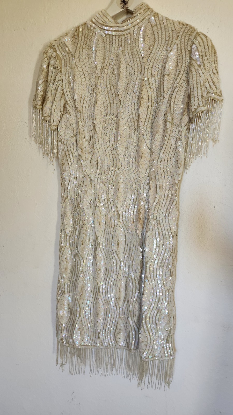 Beautiful Vintage Iridescent Cream Glass Beaded Sequin Fringe Dress | Circa 1980