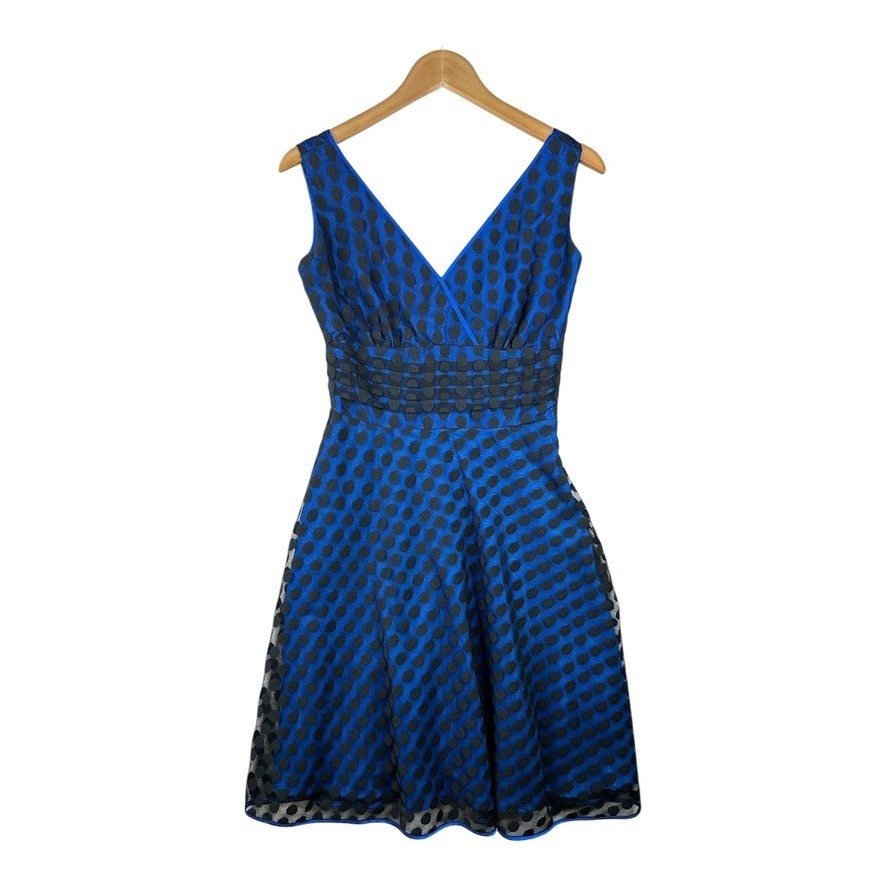Signature By Robbie Bee Royal Blue & Black Sleeveless Dress Polka Dot Lace Sz 6