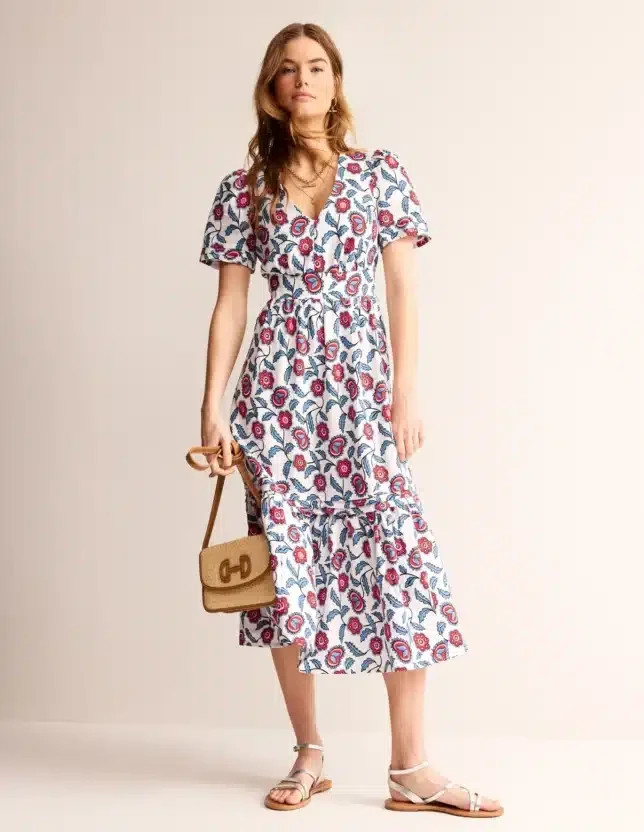 BODEN Eve Tiered White Floral Midi Dress 100% Linen Size UK 20R US 16 – 18