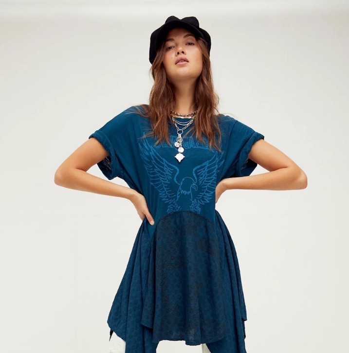 free people THE JERRY LOUNGE teal blue star gazer eagle boho t shirt DRESS top S