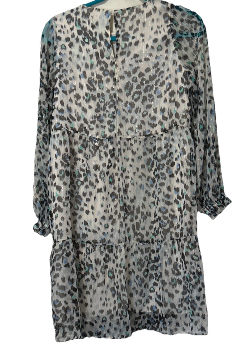 LOFT Animal Print Tiered Loose Fit Lightweight Lined Dress Long Sheer Sleeve MP