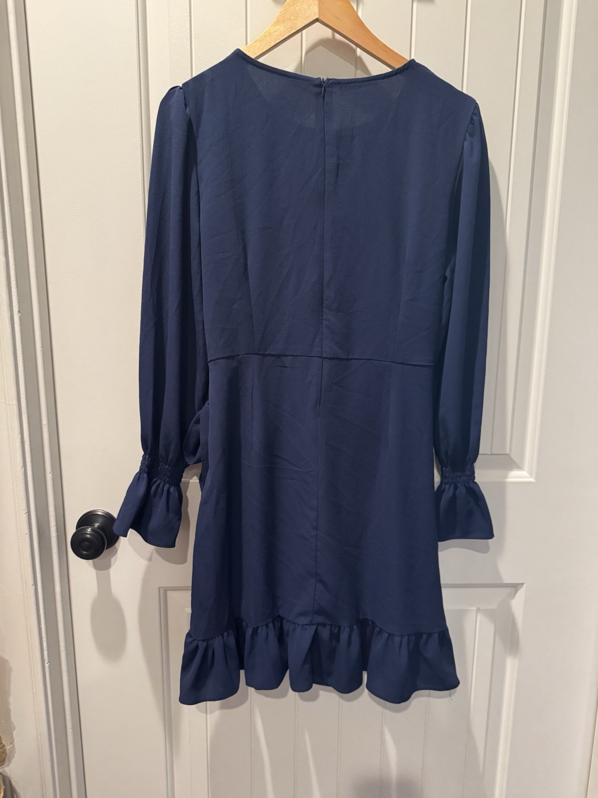 Weepinlee Navy Blue Long Sleeve Ruffle Faux-Wrap Mini Dress – Size M