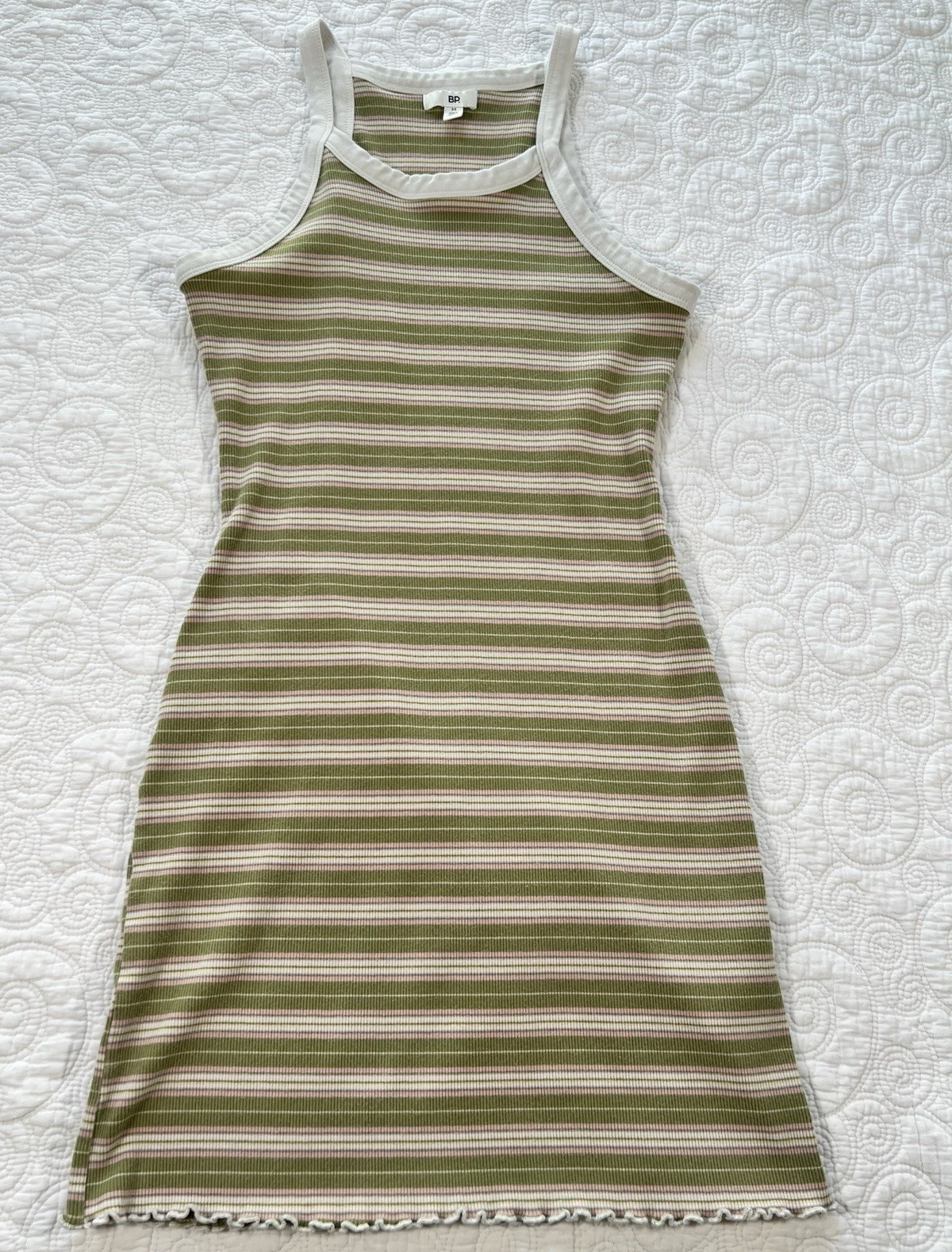 BP. Green White Pink Striped Knit Tank Mini Dress Scoop Neck Racerback Size M
