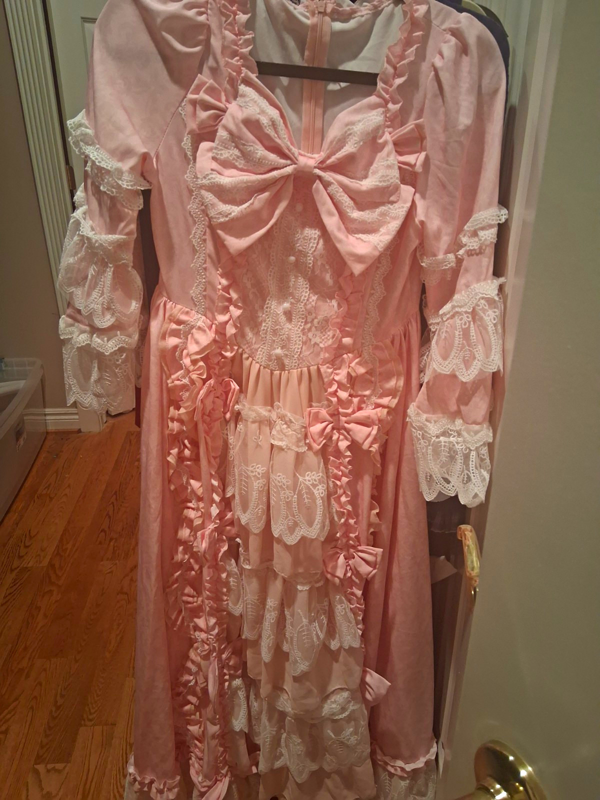 Women’s Pink/White Solid Lace Ruffle Bow High Neck Maxi Dress Button Size S