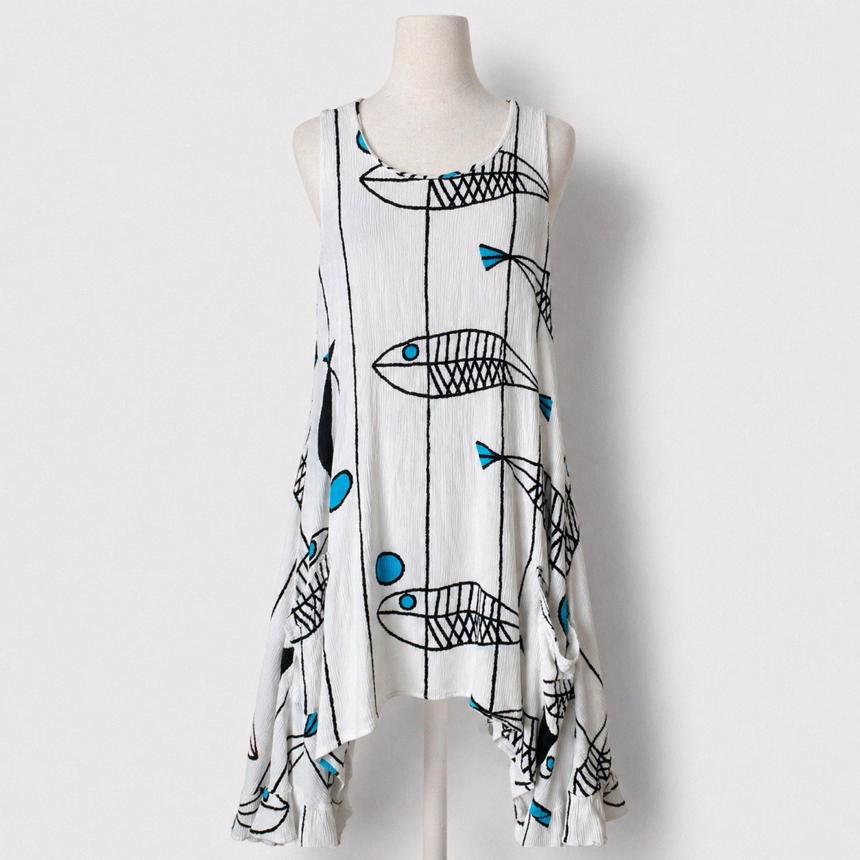 Artsy Vasna Fish Sleeveless Tunic Dress Top Sharkbite Hem Turquois White Black M