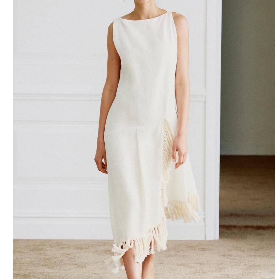 NWT Zara ZW Collection White 100% Linen Fringe Midi Dress Asymmetrical | Size XS