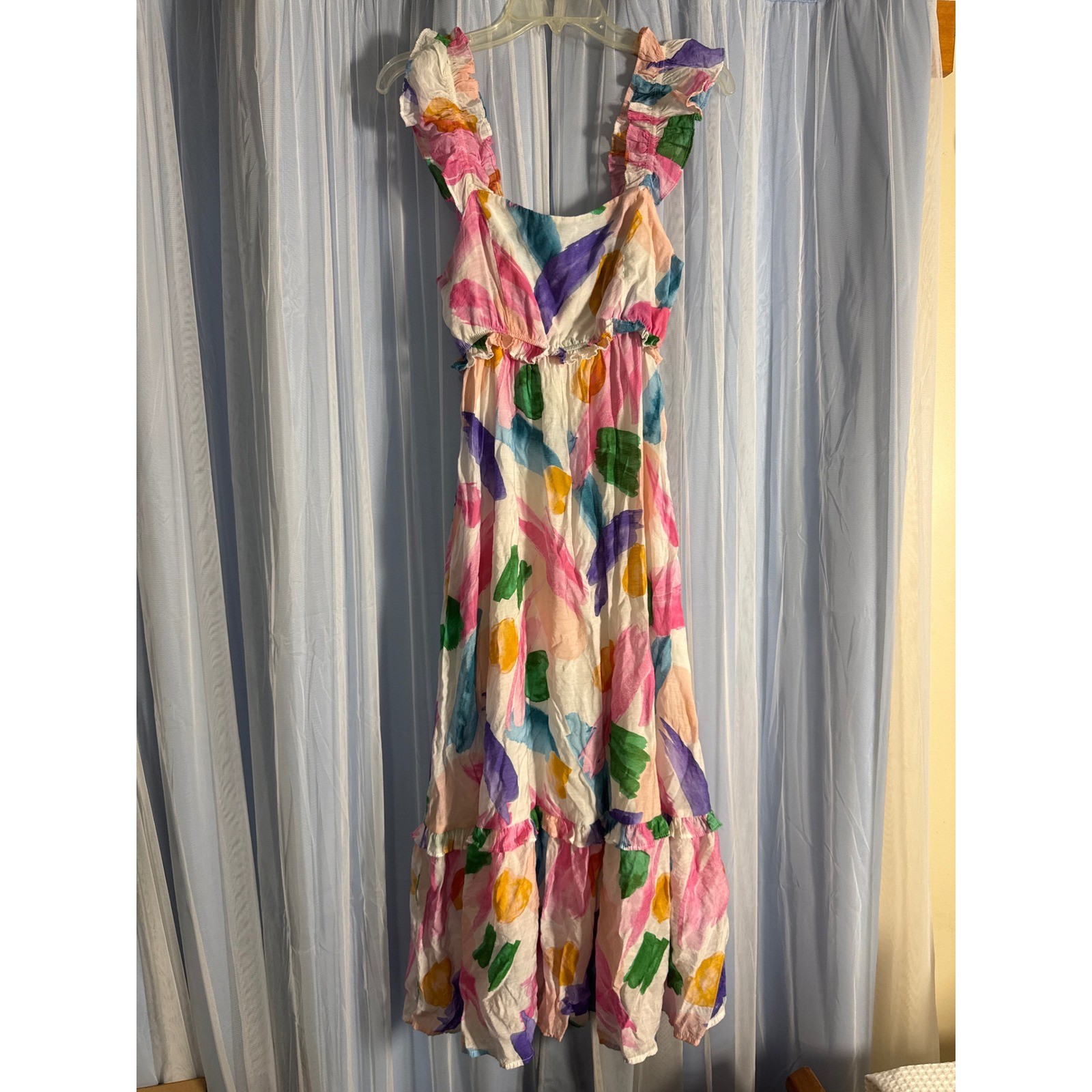 Blu Pepper Maxi Dress Womens L Multi Color Good Abstract Ruffle Tiered Summer