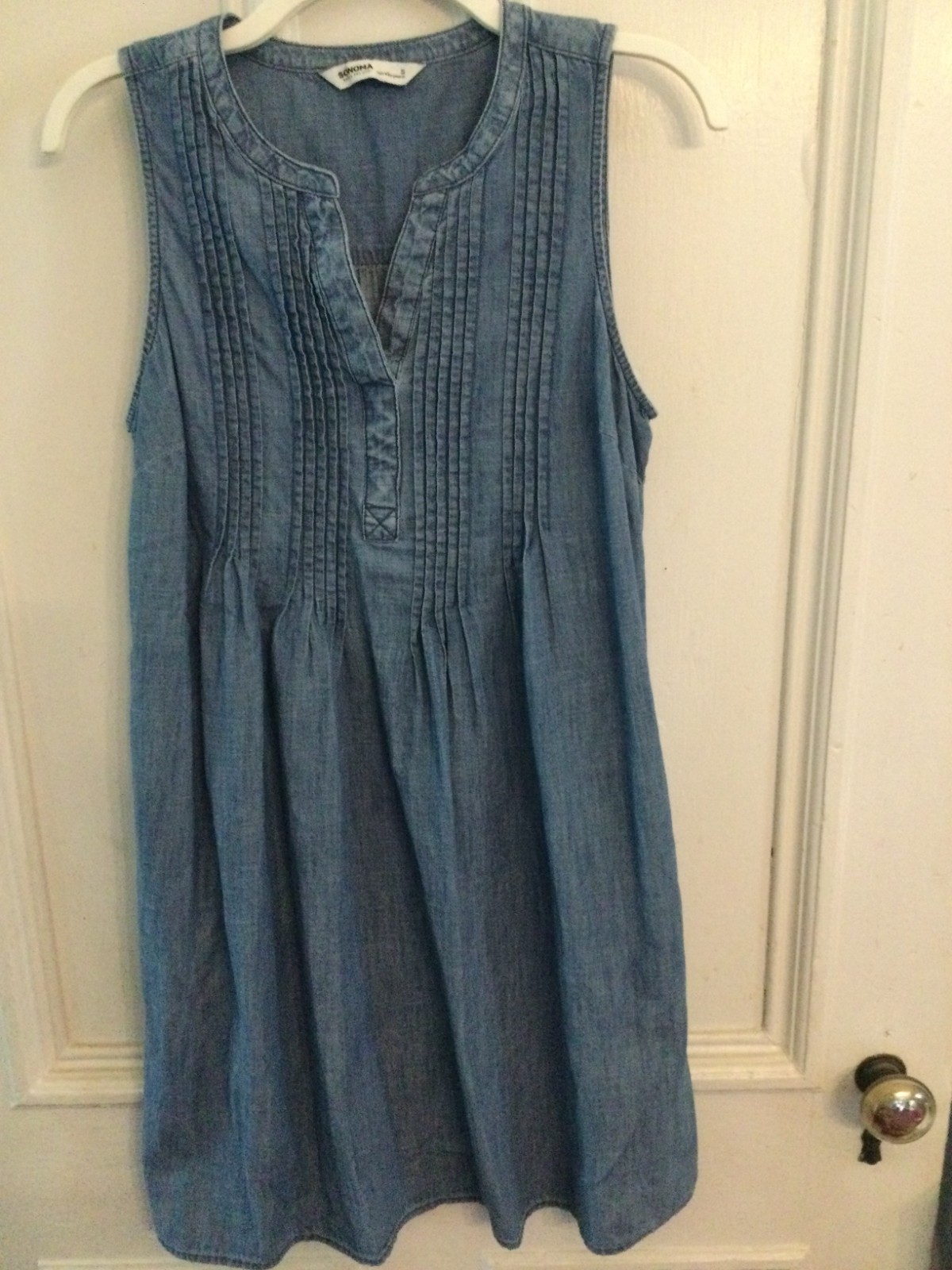 🌺SONOMA Blue Denim Chambray Mini Dress Size Small Pintucks Sleeveless NWOT🌺