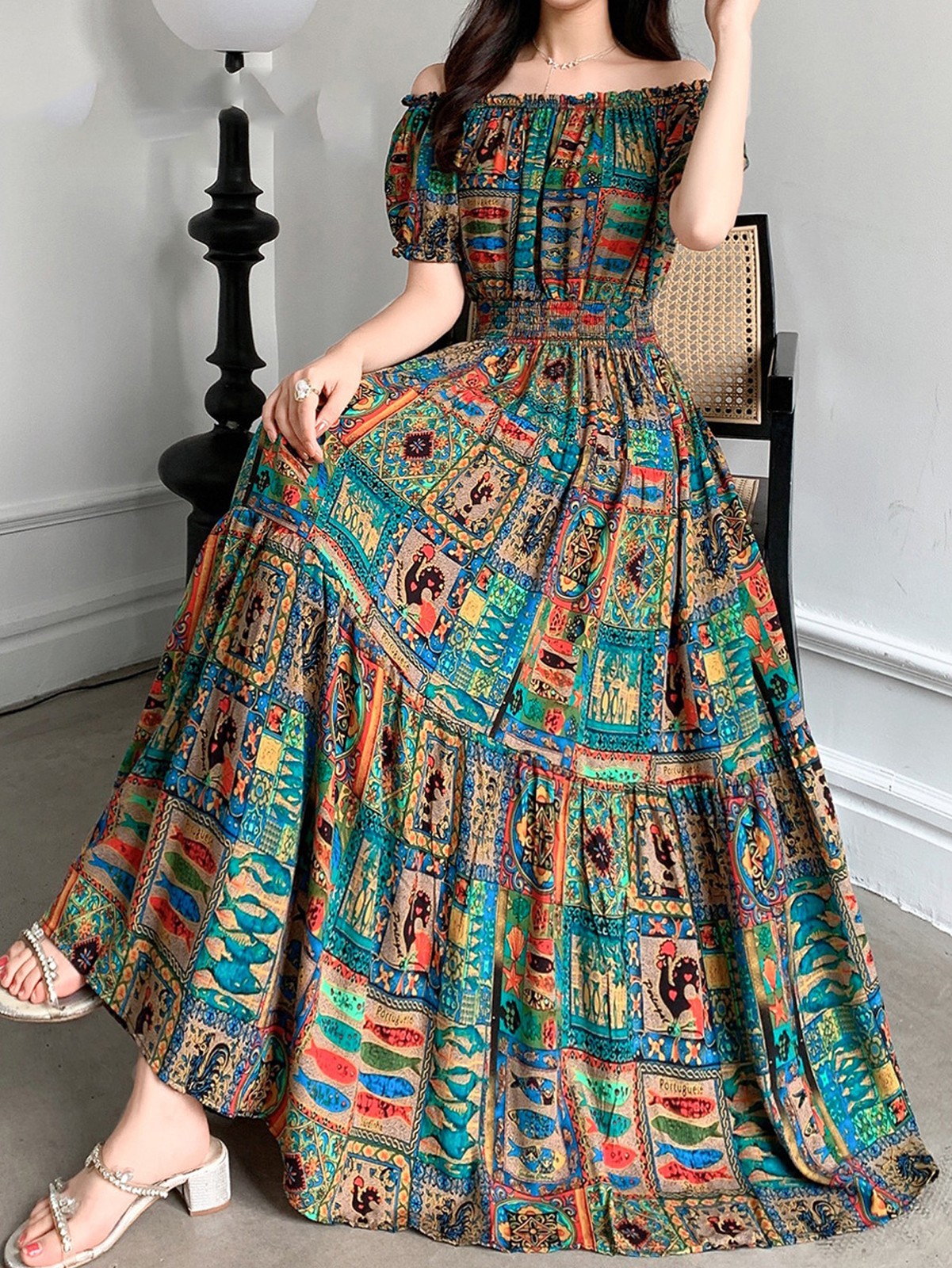 Ladies Bohemian Elegant Swing Maxi Dress Elastic Waist Comfort All Figures