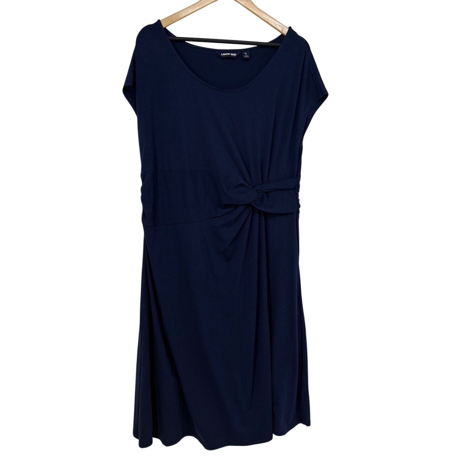 Lands End Navy Blue Side Knot Jersey Midi Dress XL 18 Cotton Modal Stretch