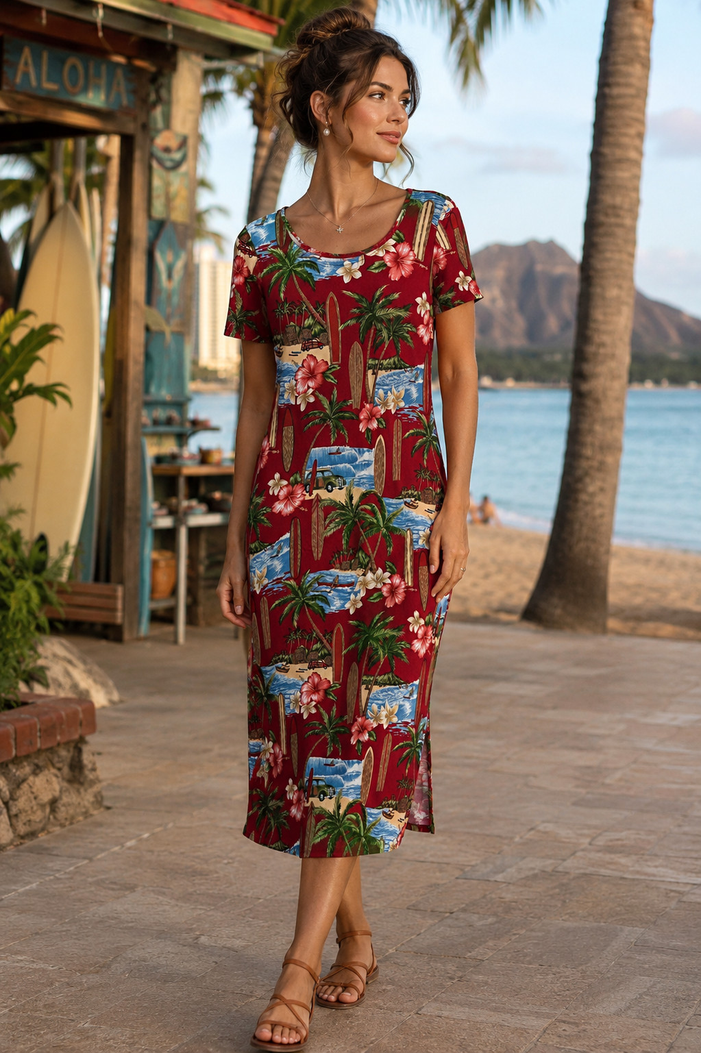 Hilo Hattie Red Tropical Scenic Surfboard Rayon Midi Dress Small Hawaiian Floral