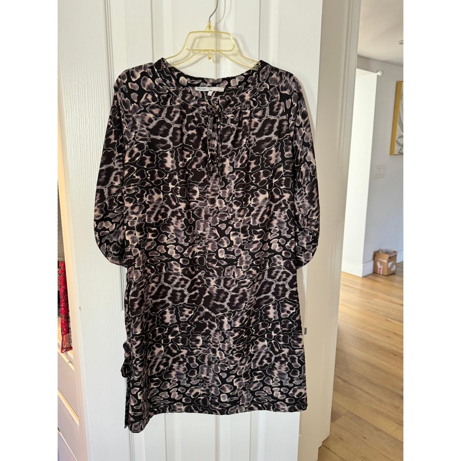 Sun Light Animal Print Dress Tie Detail Long Sleeve Womens Size 2