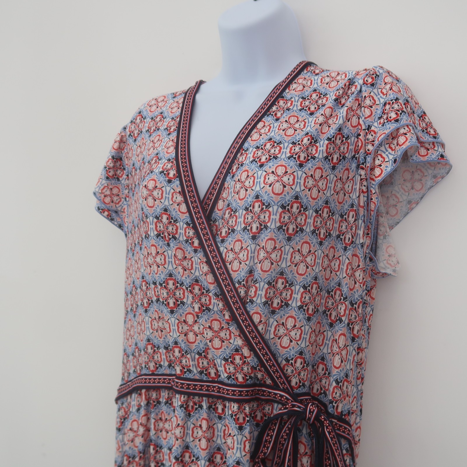 Max Studio Faux Wrap Midi Dress Size XL Boho Non Wrinkle Print Short Sleeve NWT