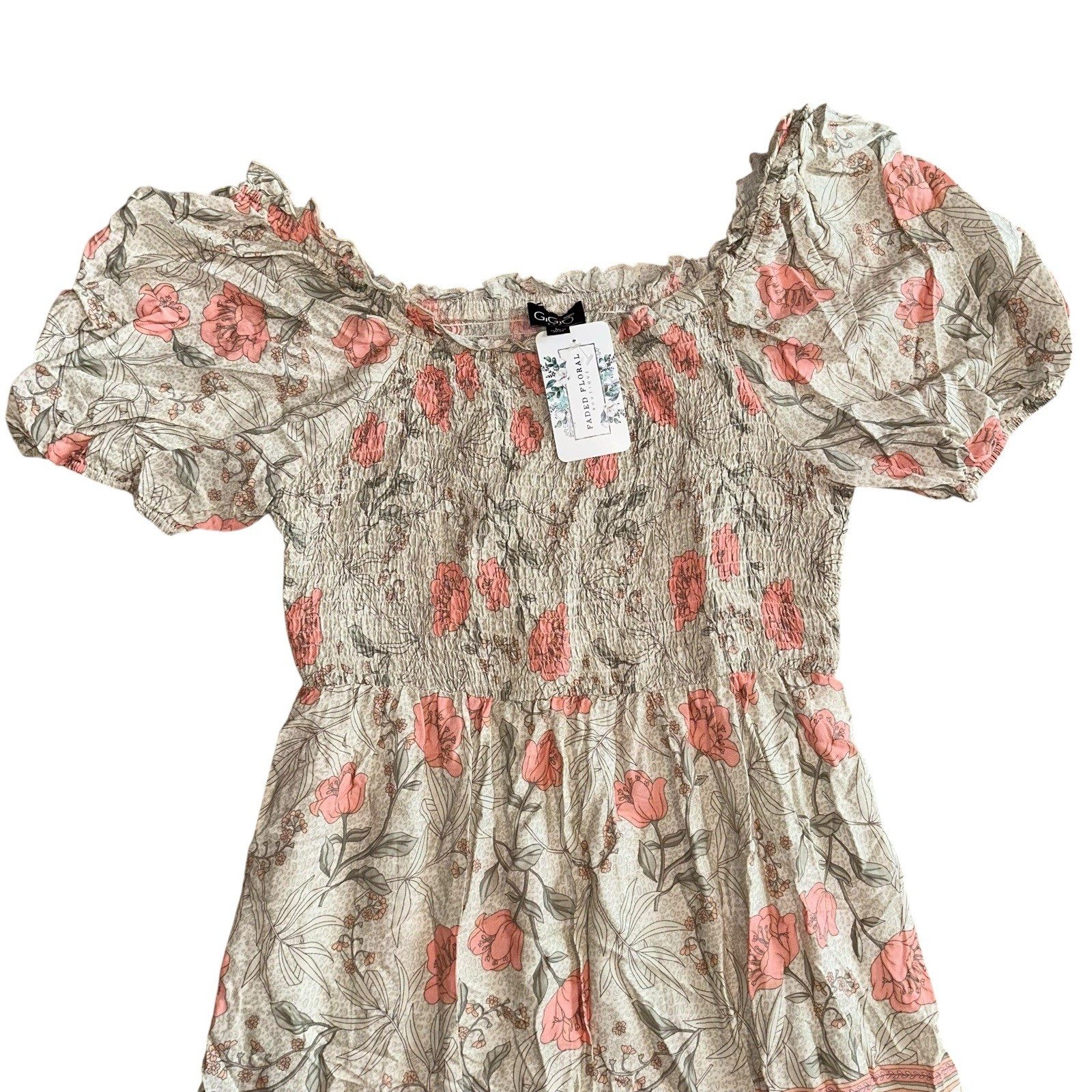 Gigio Dress Smocked Midi Peasant Boho Cottage Pink Sage Floral Tiered L NWT