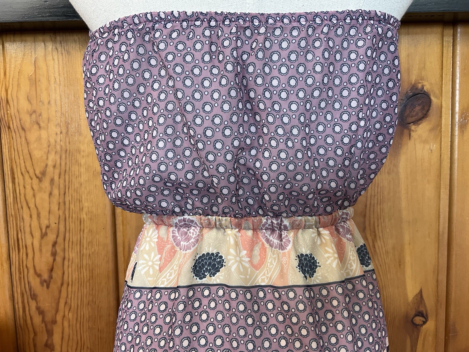 Medium Strapless Dress Purple Tan Paisley Boho Pattern Light Navy Blue Stripe