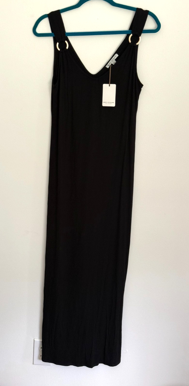 Women’s Green Envelope NWT Size Small Black Maxi Dress Sleeveless Gold Hardware