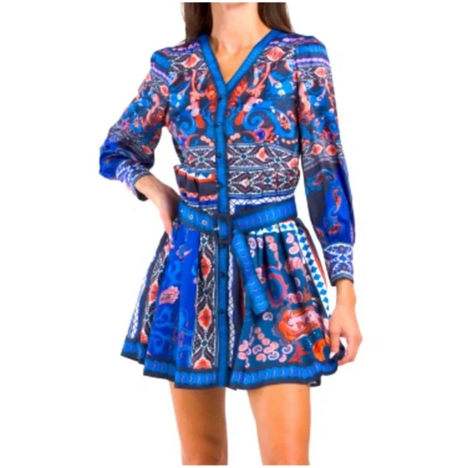 Dalia Macphee Tile Print Border Blue Mini Dress Size M