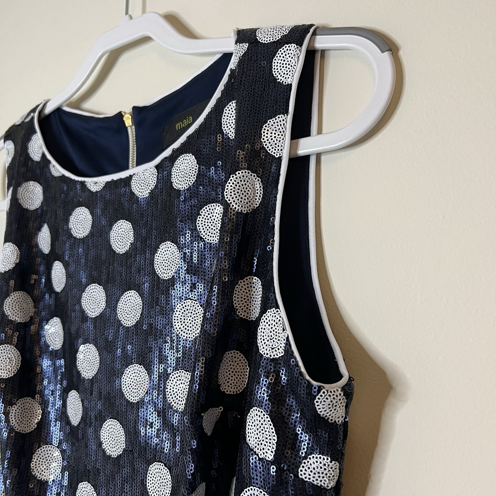 maia sequin blue & white polka dot sleeveless party dress zip up women’s 10
