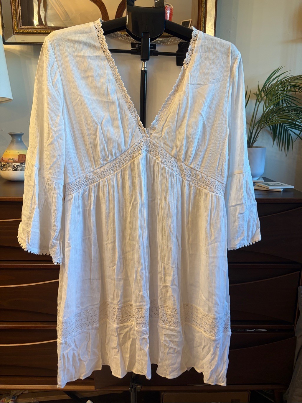 INC International Concepts White V-Neck Lace Trim Tunic Dress – Cottagecore L