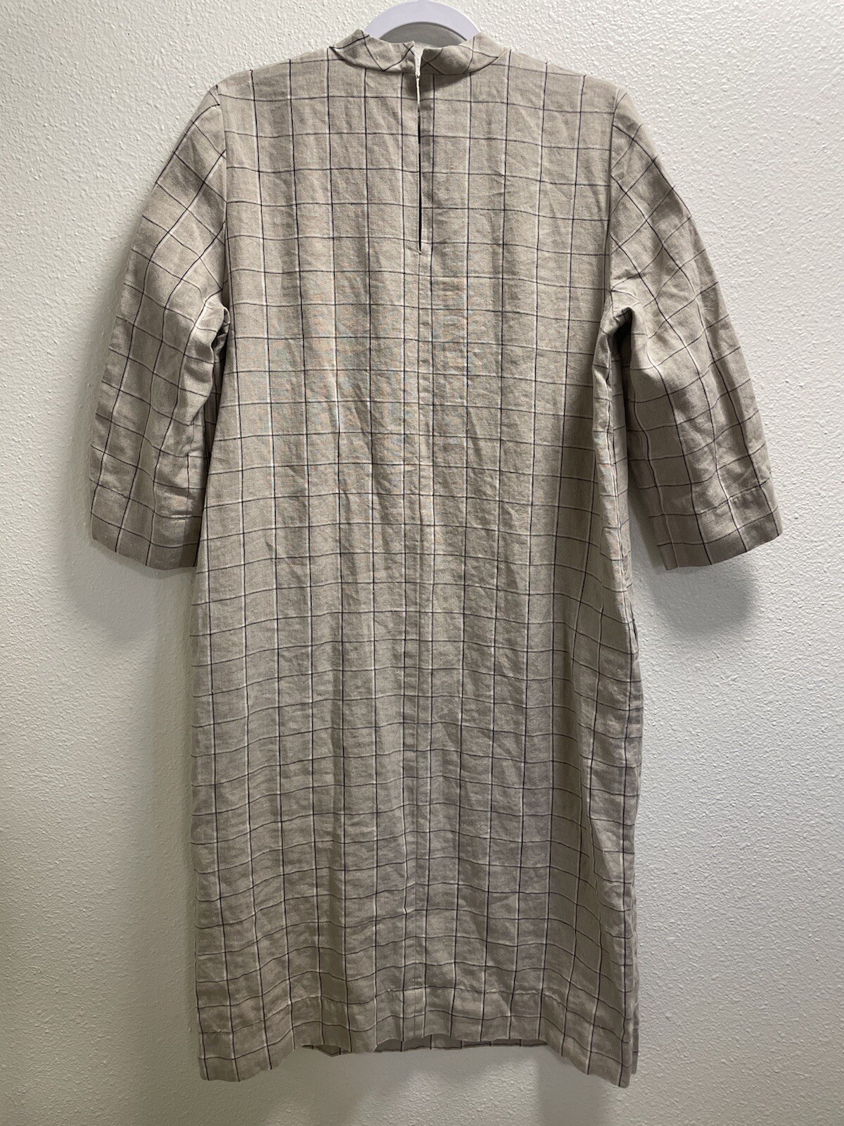Linenfox Checkered Linen Shift Dress Short Sleeve Pockets Lagenlook Tan XL