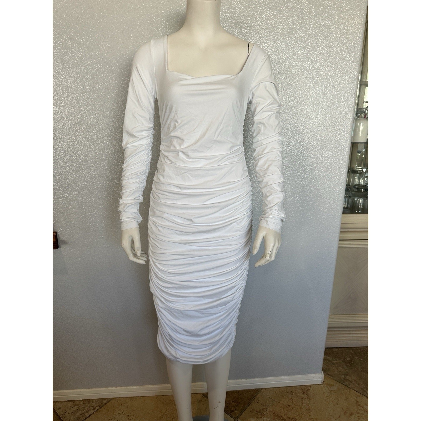 Women Ruched Midi Dress Fashion Long Sleeve Square Neck Stretch Size M