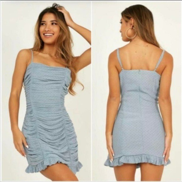 Storia Mini Dress Small Blue Ruched Black Polka Dots Ruffle Zip Up Back