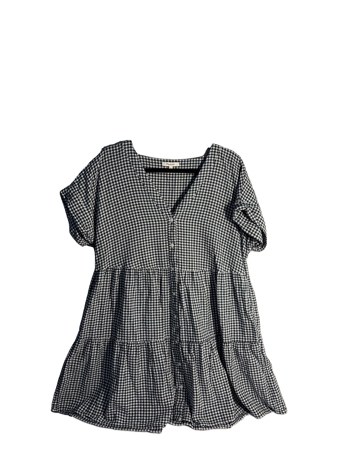 Madewell Gingham Tiered Mini Dress Black White Cuff Sleeve Button Front XL